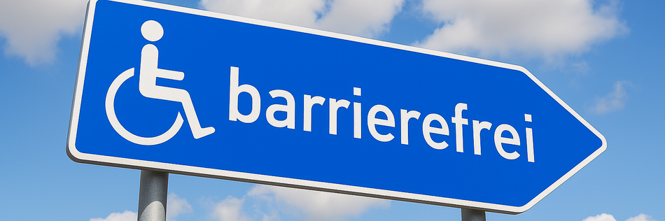 Blaues Schild mit einem Icon Rollstuhlfahrer und dem Schriftzug Barrierefreiheit